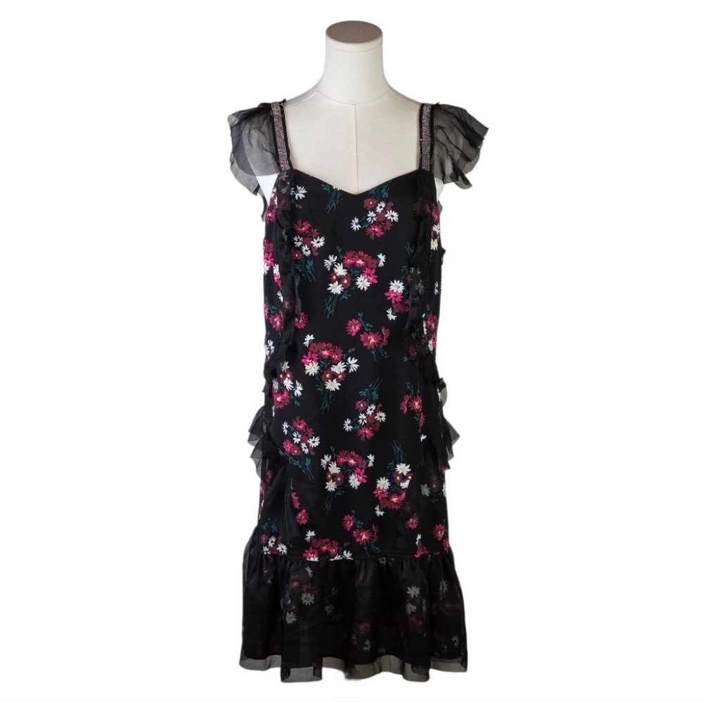 Libby Edelman Black Floral Ruffle Midi Dress w/ Sheer Sleeves Size M